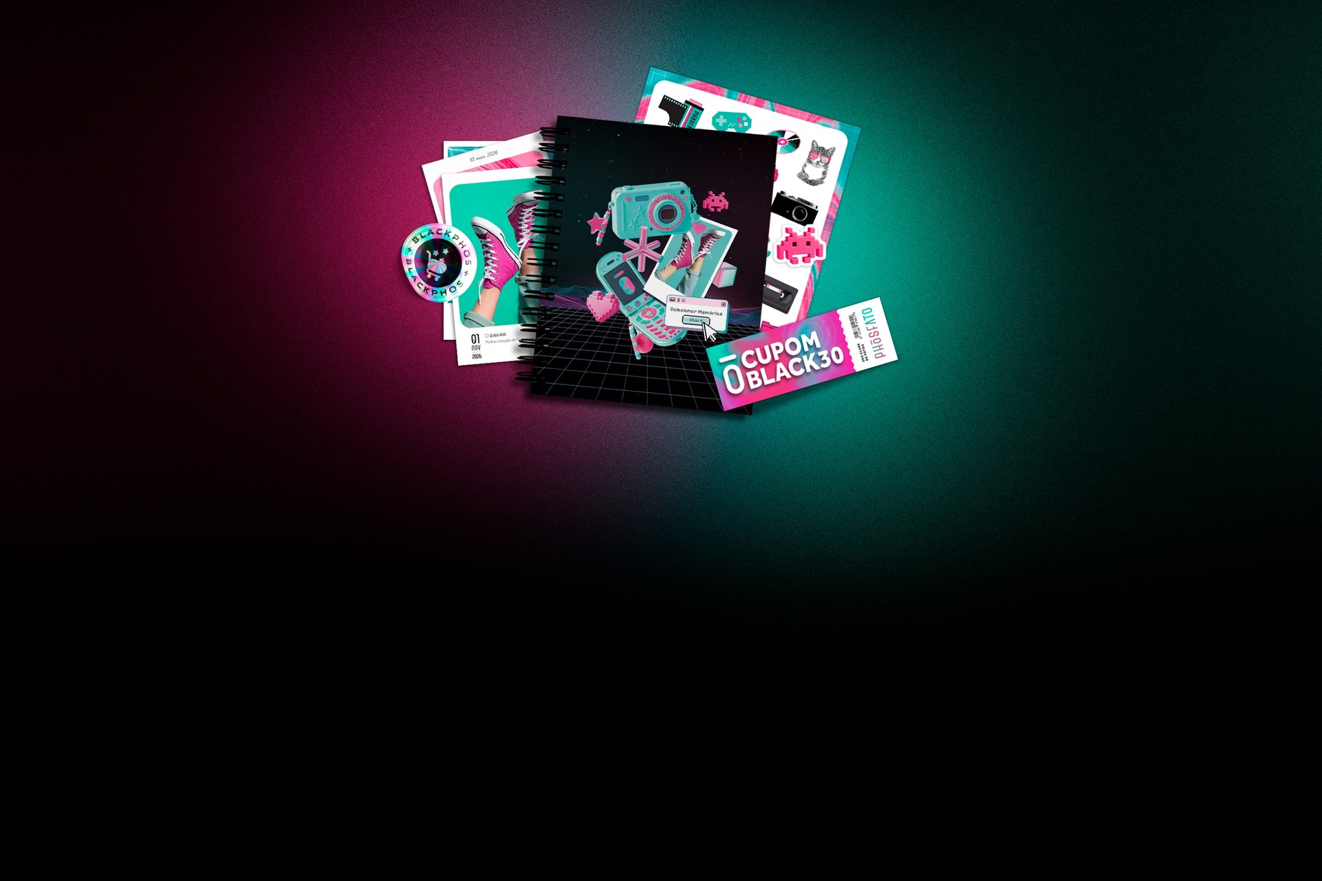 Álbum scrap com adesivos e cupom BLACK30