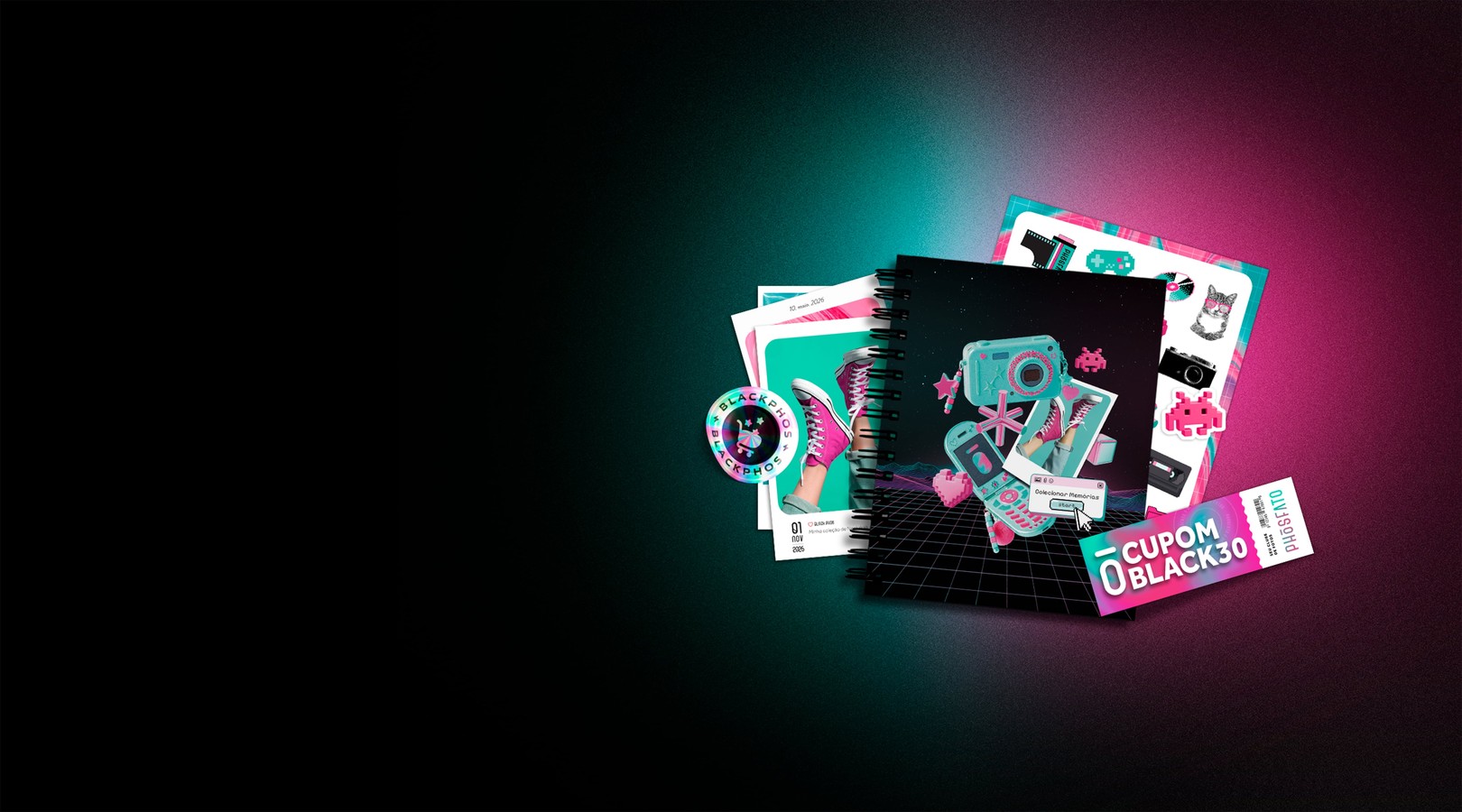 Álbum scrap com adesivos e cupom BLACK30